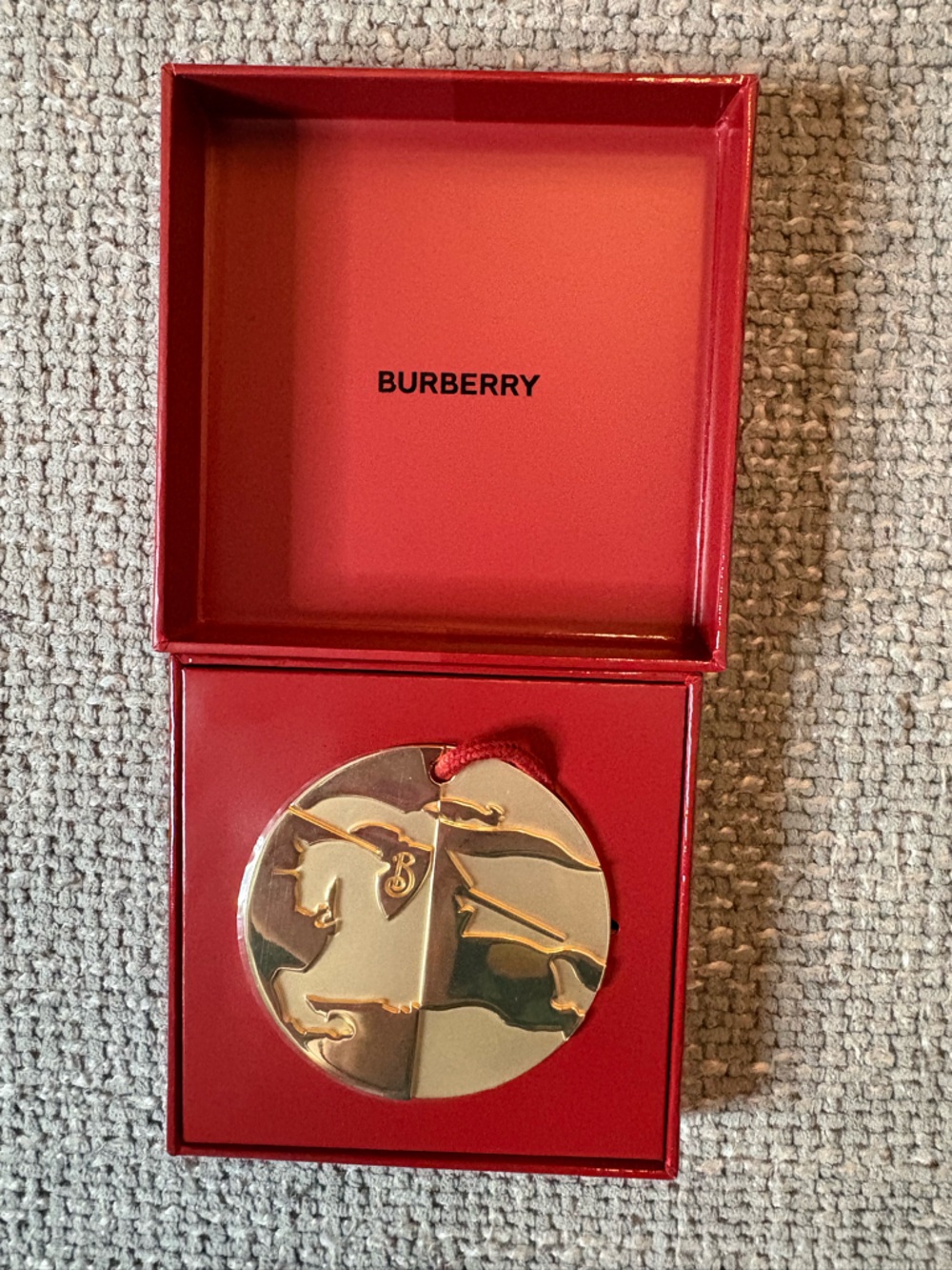 Burberry Gold Medallion Ornament with Red Cord Engraved Designer Decor NWT